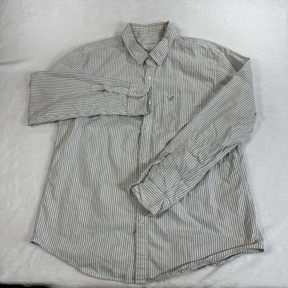 American Eagle Shirt Mens XL Slim Fit Button Down Gray White Striped Long Sleeve